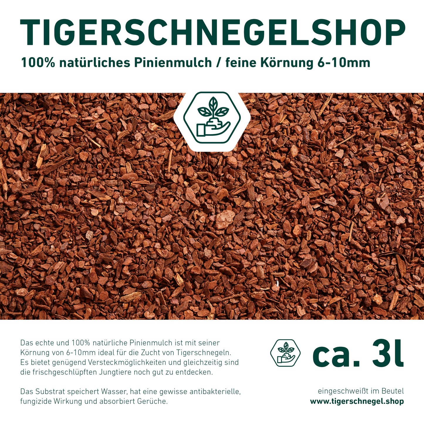 Pinienmulch als natürliches und feines Terrariensubstrat im 3 Liter Beutel